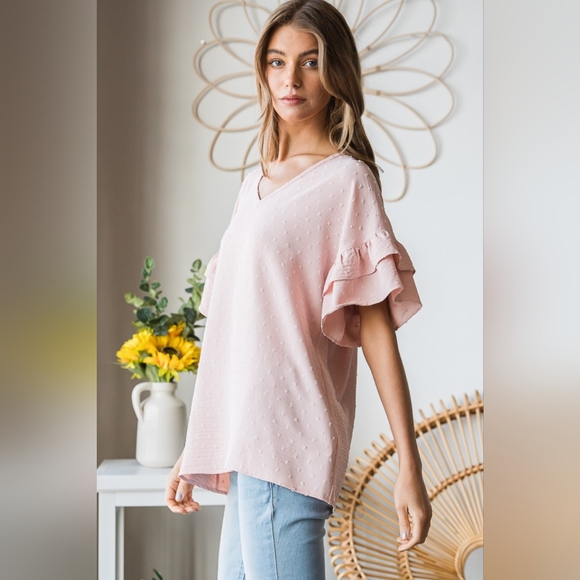 Heimish Full Size Swiss Dot Ruffle Short Sleeve Top - Picture 5 of 8